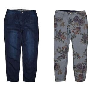 WOMEN WITH CONTROL NEW $64 Reversible‎ Slim Ankle Jean Dark Indigo Floral 4P